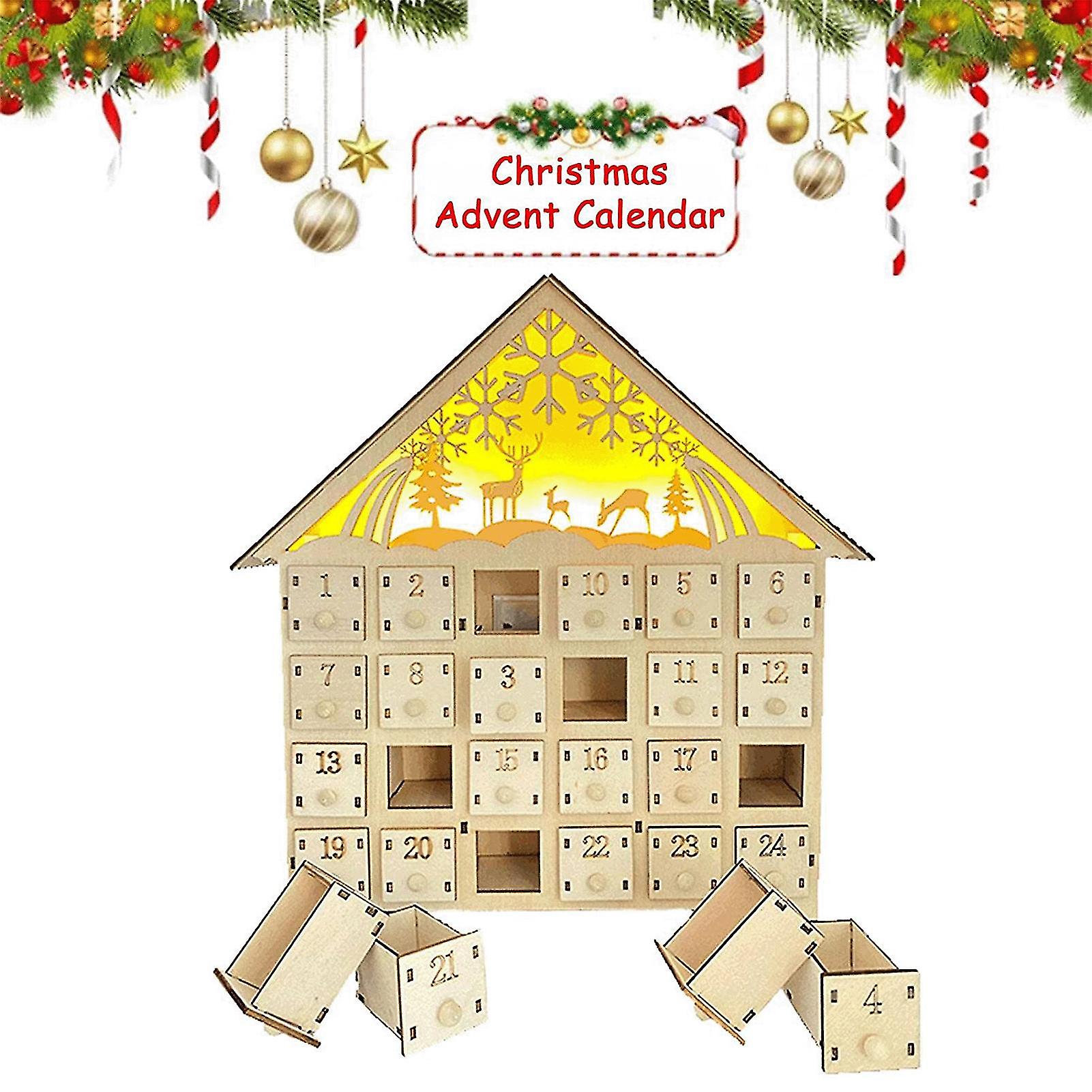 Christmas Countdown Wood Drawer Storage Boxes Warm Color Led Light Festival Atmosphere Creating