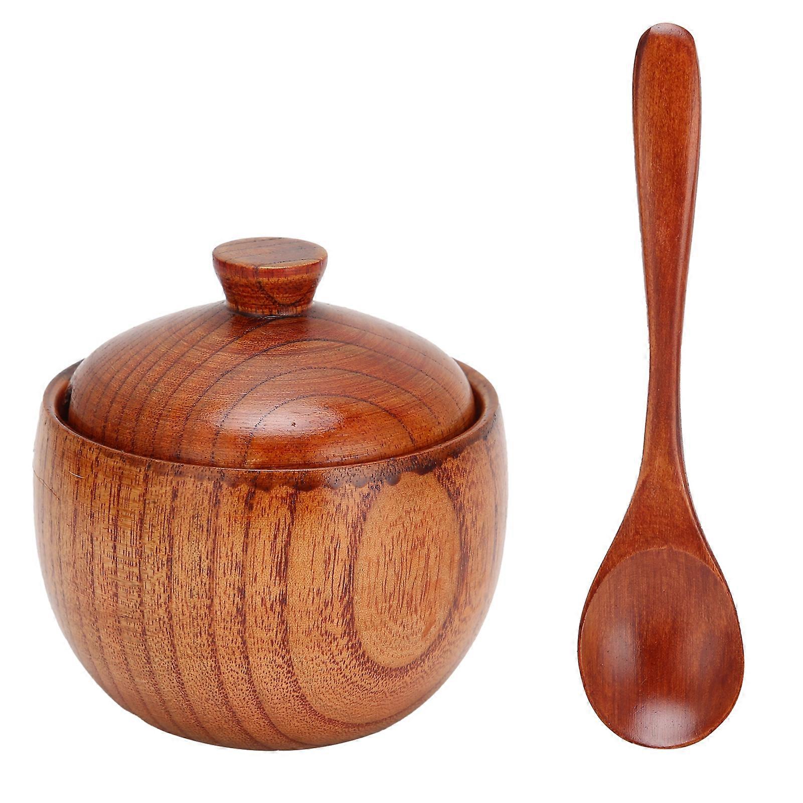 Wooden Spice Jar Sugar Bowl Salt Pepper Seasoning Box with Spoon and Lid Kitchen Utensil