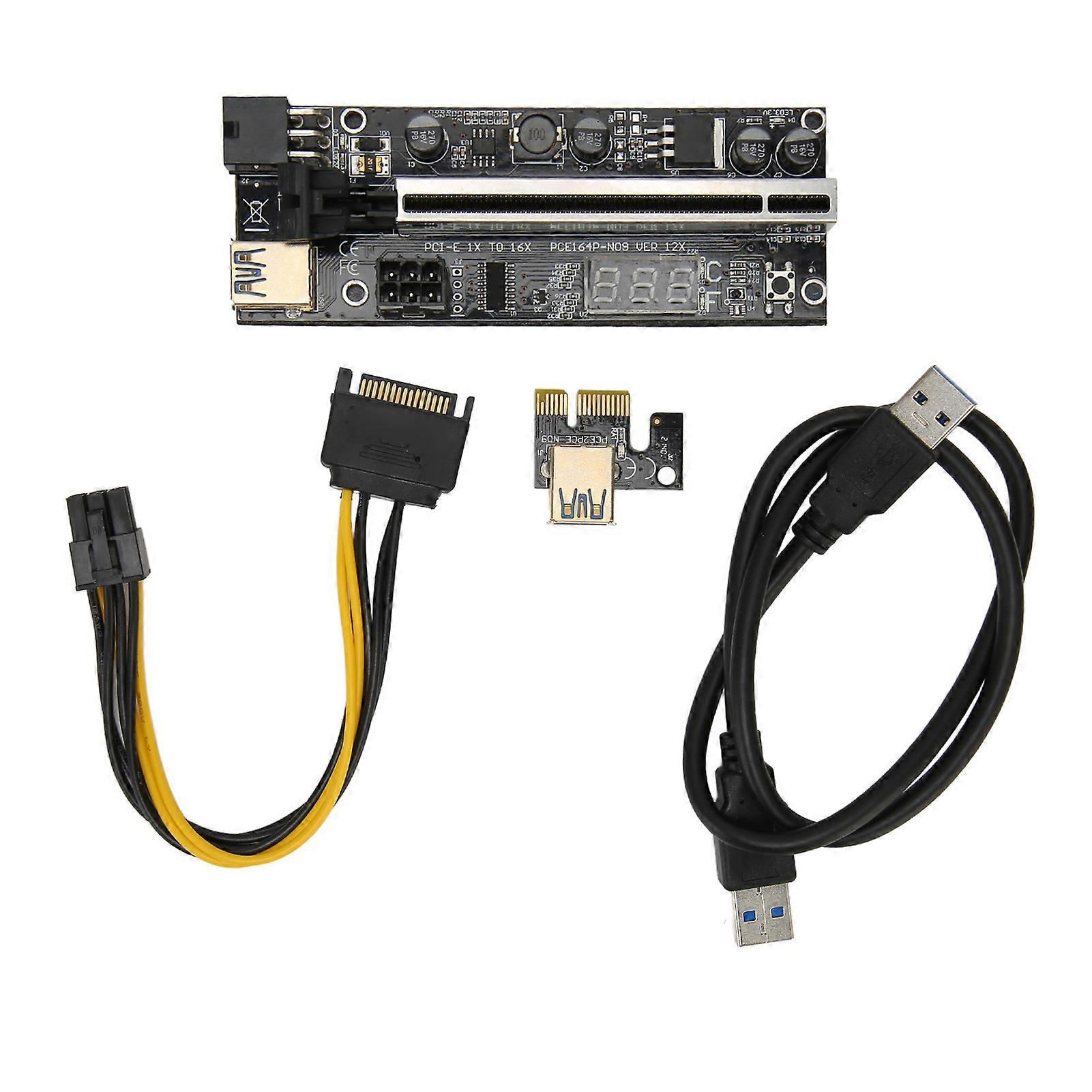 PCIe Riser Adapter Card 1X to 16X Dual 6Pin Temp Sensor USB3.0 Power Cord Mining Riser Card for Graphics Extension