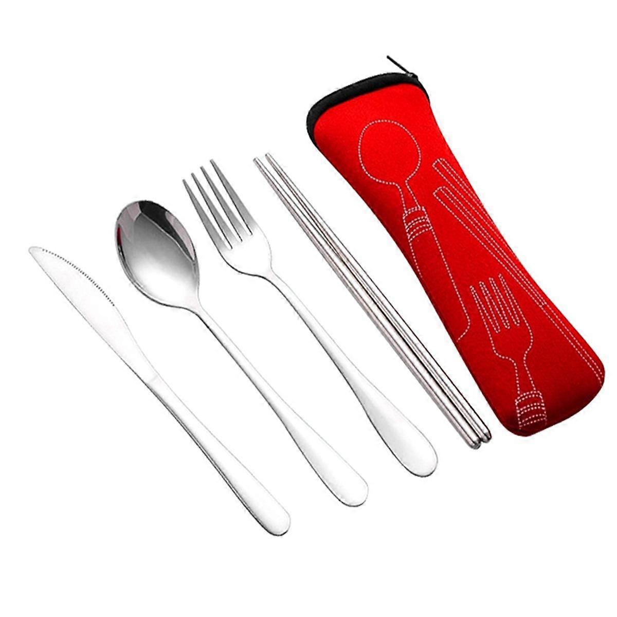 4Pcs Set Dinnerware Portable Stainless Steel Spoon Fork Steak Knife Set Travel Cutlery Tableware with Bag Red