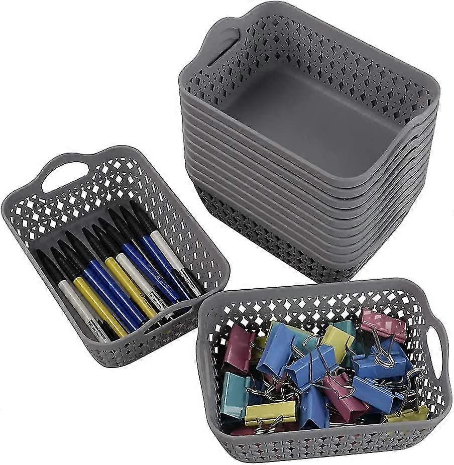 Gray Mini Plastic Storage Tray Basket With Handle, 12-pack