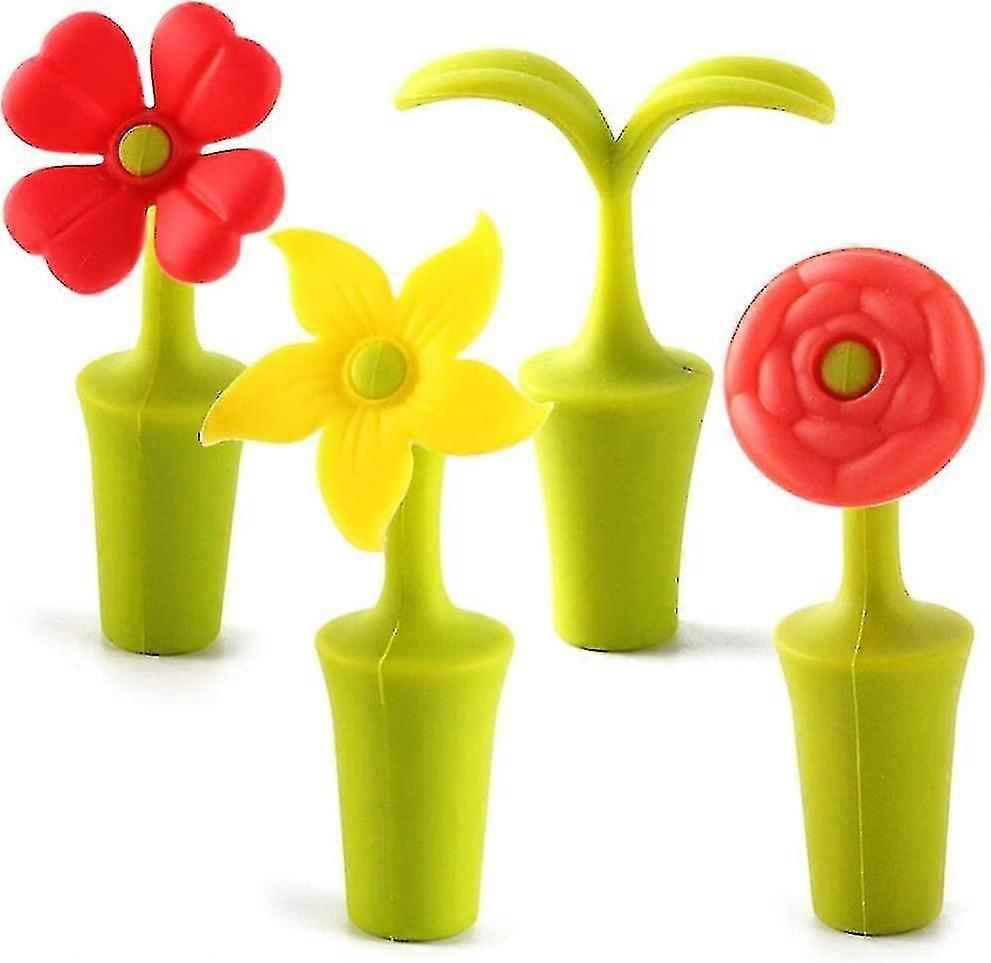 4 Pack Silicone Sealing Wine Corks, Reusable Wine Flower Corks, Beer Flavoring Bottle Corkscrew Tools, Multicolor
