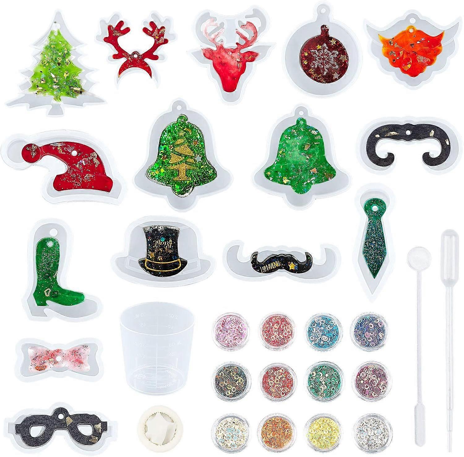 61pcs Christmas Pendant Silicone Molds Kit Christmas Ornament Molds Resin Casting Molds Include Antler Xmas Tree Bell Stock Molds Sequin Fillers and R