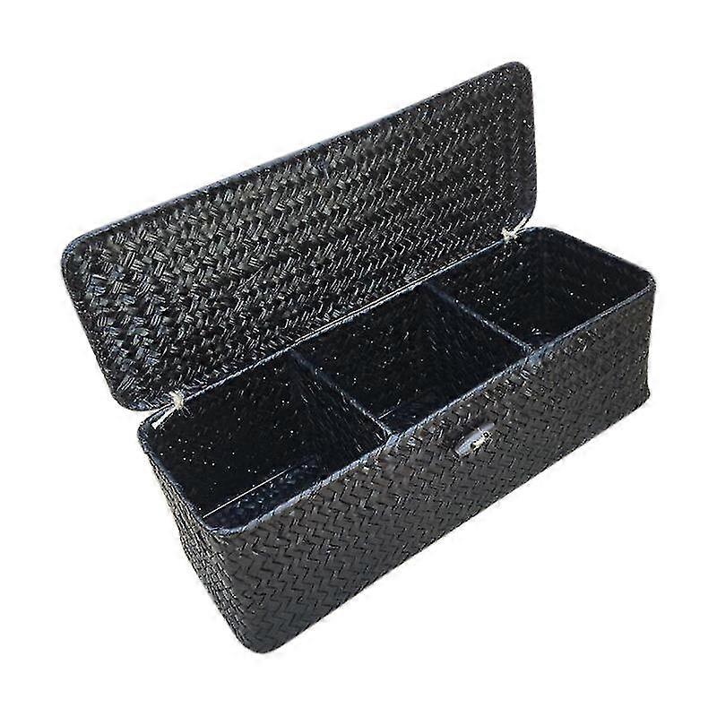 3 Compartment Storage Box Wicker Rattan Basket With Cover Sundries Holder Case Container Desktop Organizer