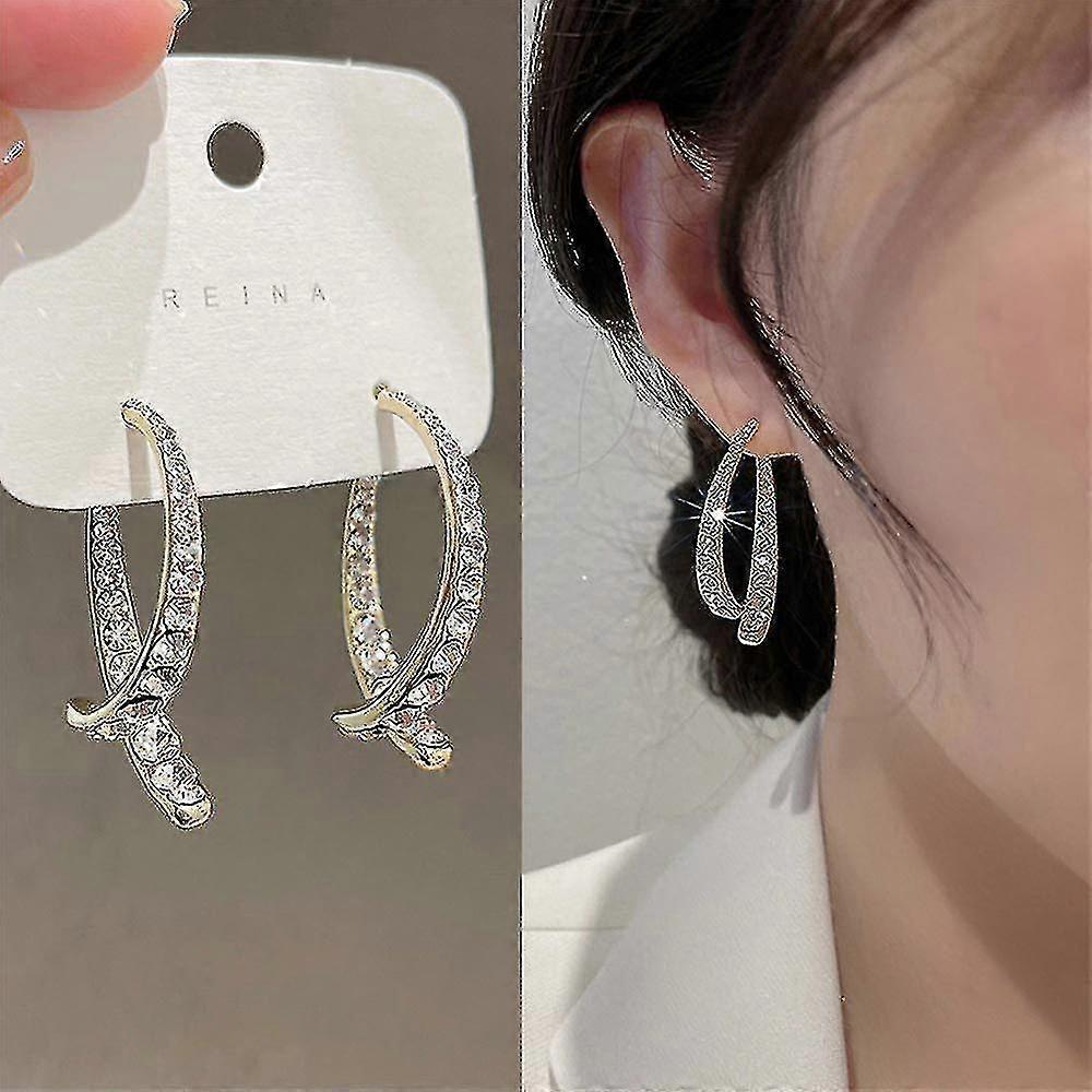 Women Cross Curved Earrings Curved Stick Front Back Linear Drop Earrings Rhinestone
