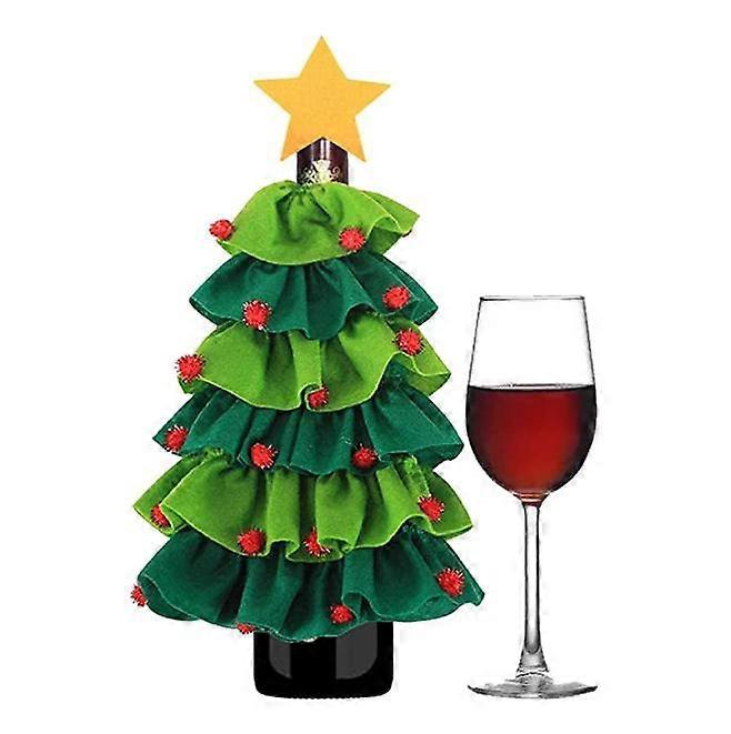 Christmas Wine Bottle Bag - Green Cute Christmas Tree Shape Wine Bottle Bags - Wine Bottle Gift Bags with Knitted Baubles for Christmas Dining Table D