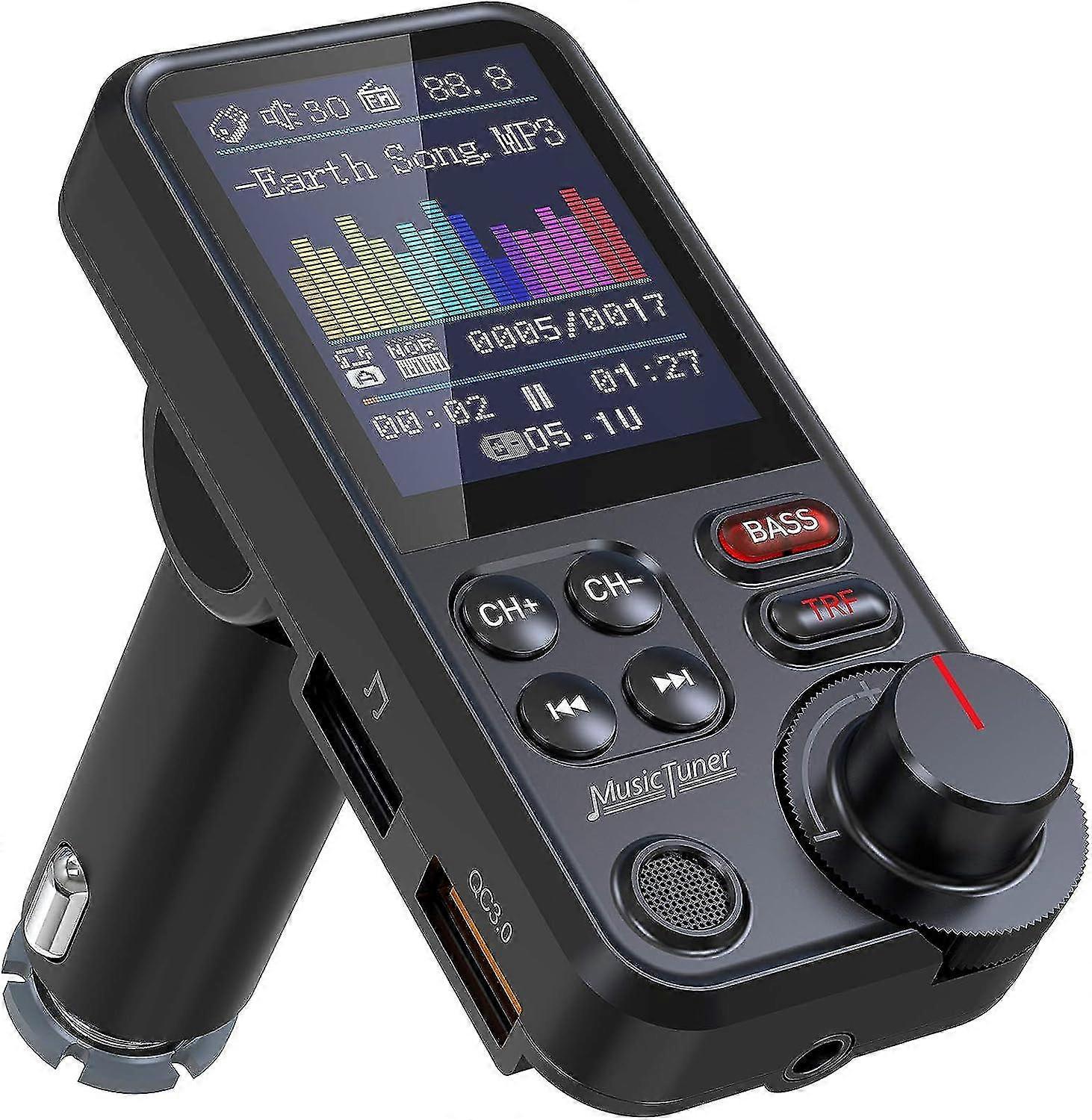 FM Bluetooth Transmitter for car Strong Microphone Bluetooth Car Adapter with 1.8" Color Screen for Hands Free Calls Supports QC3.0 Charging Treble an