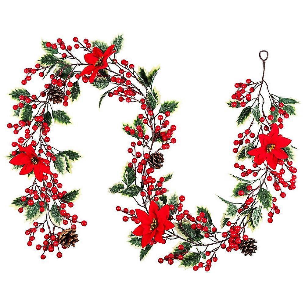 6.3FT Red Christmas Garland, Artificial Poinsettia Garland,Christmas Garland with Pine Cones