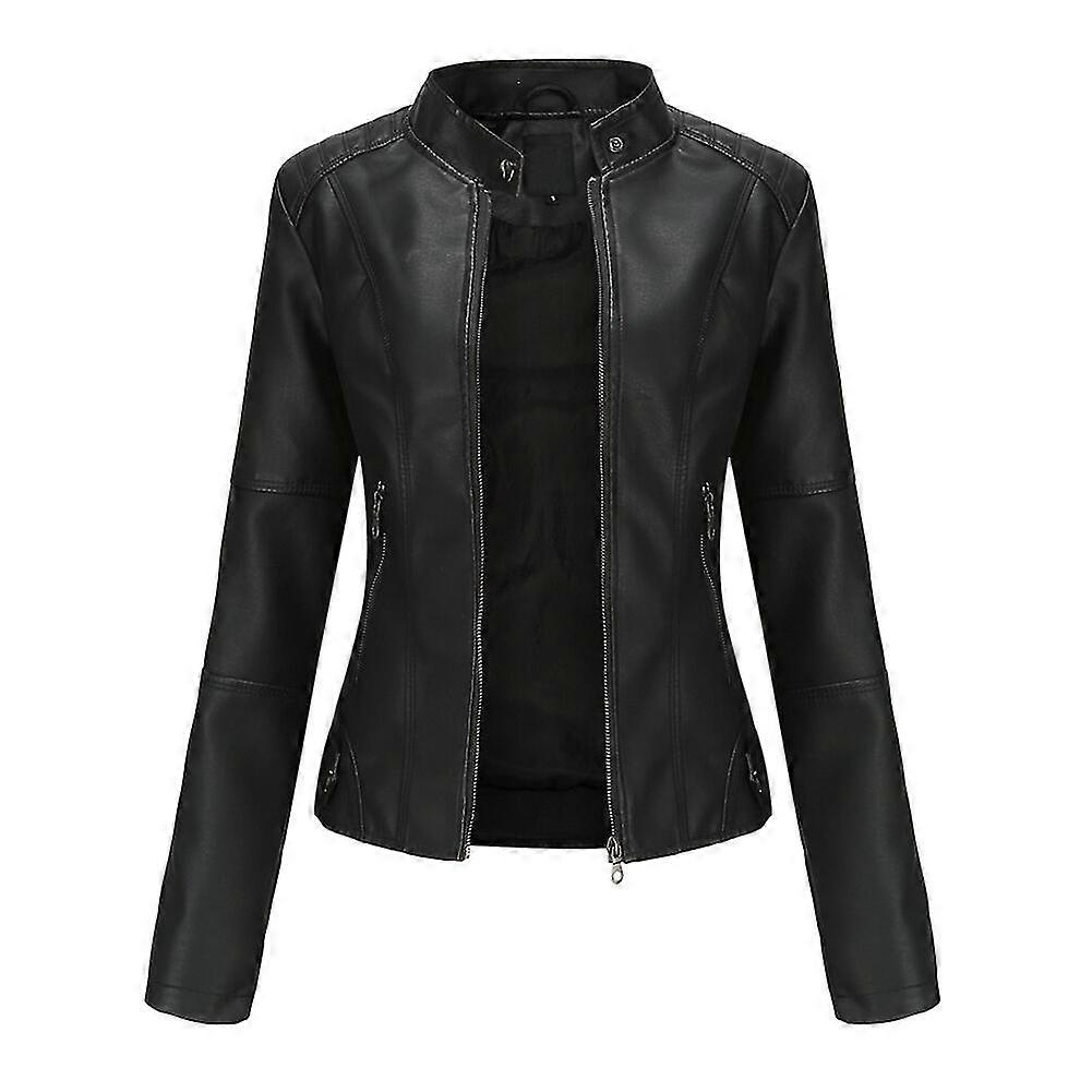 Womens Casual Zipper Down Stand Collar Leather Jacket