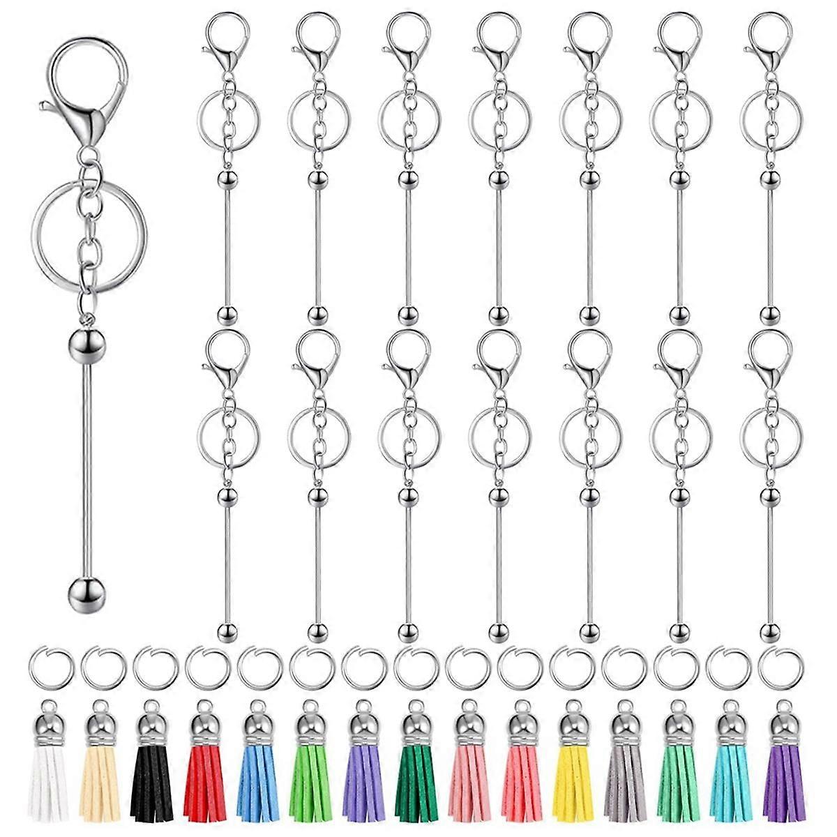 15 Pcs Beadable Keychain Bar Bulk Metal Blank Keychain with 15 Pcs Leather for DIY Bead Keychain Supplies,Silver