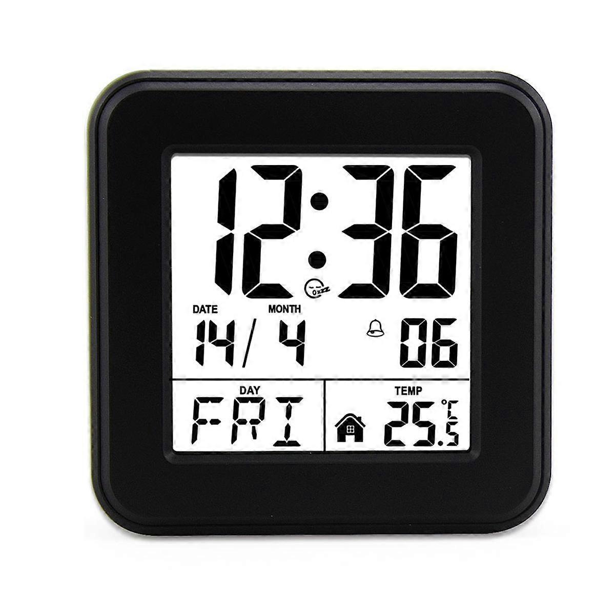 Calendar Alarm Clock,Bedside Voice-Activated Clock with Backlight,Clock for the Elderly with Temperature Black