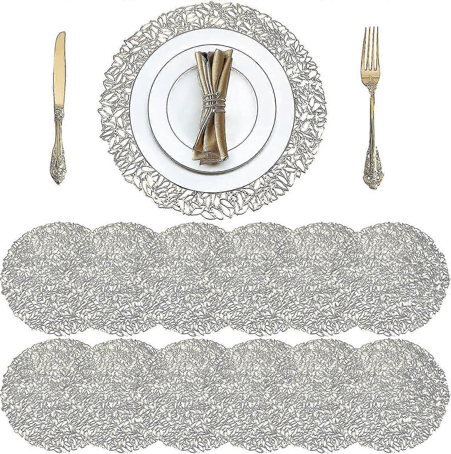 12 Pack Round Pressed Vinyl Placemats, Non-slip Washable Gold Wedding