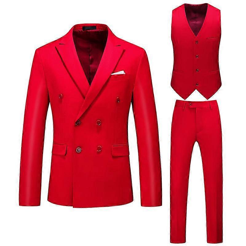 Uomo 3 pezzi Slim Fit Suit Set doppiopetto solid jacket Gilet Pantaloni Business Suit Rosso per la festa di nozze