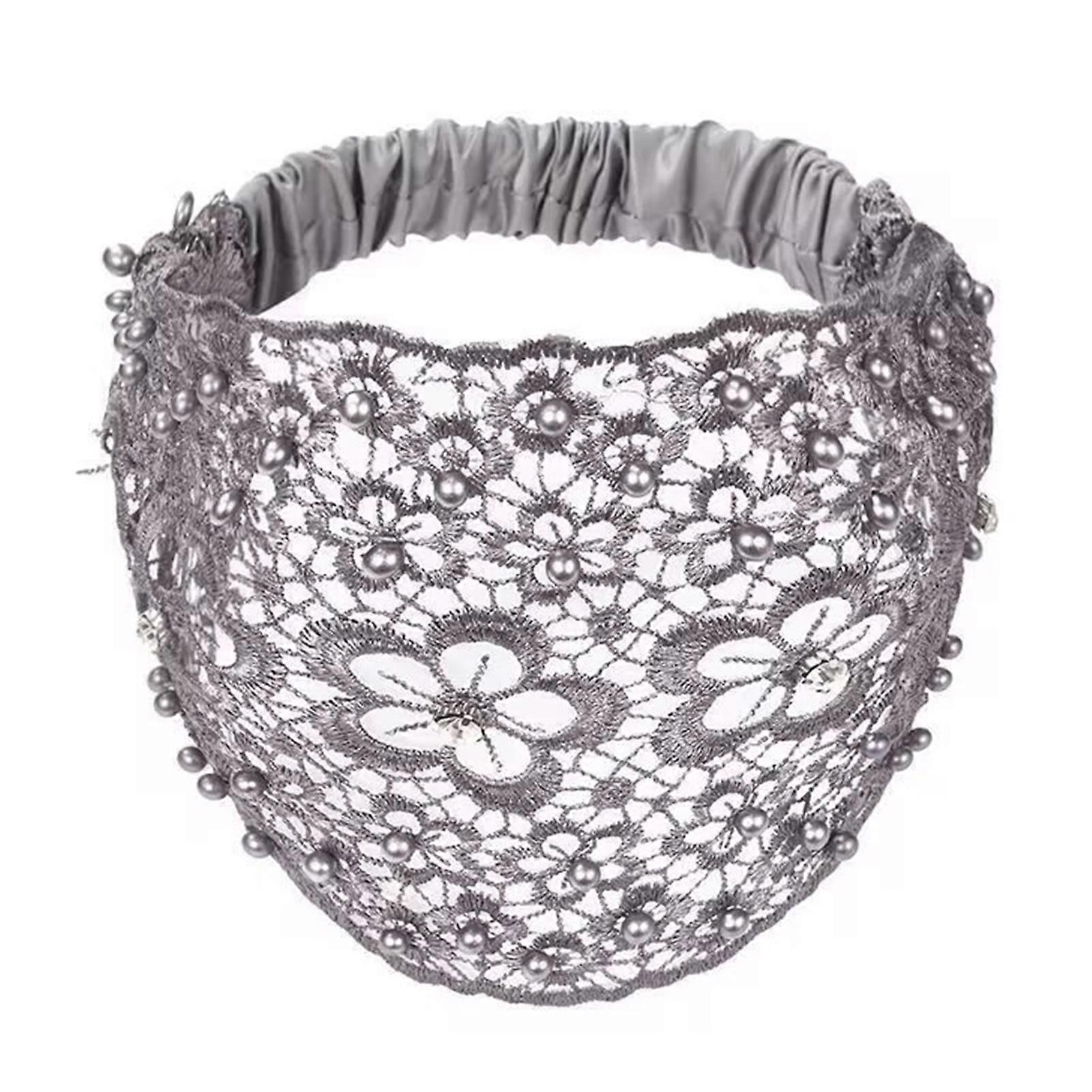 Women Hollow Headband Flower Pattern Shiny Rhinestones Faux Pearls Hair Band High Elastic Wide Hair Holder
