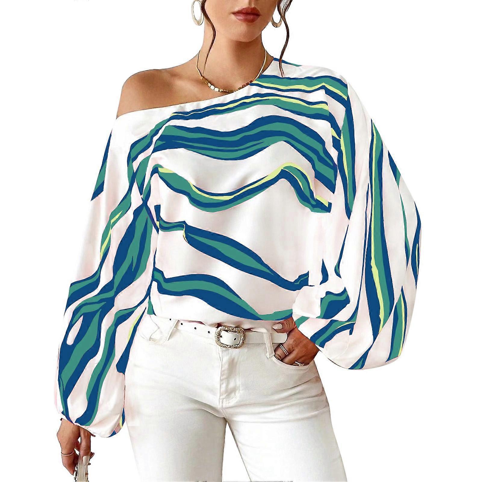 Women One Shoulder Print Long Sleeve Blouse Travel Party Blue XL