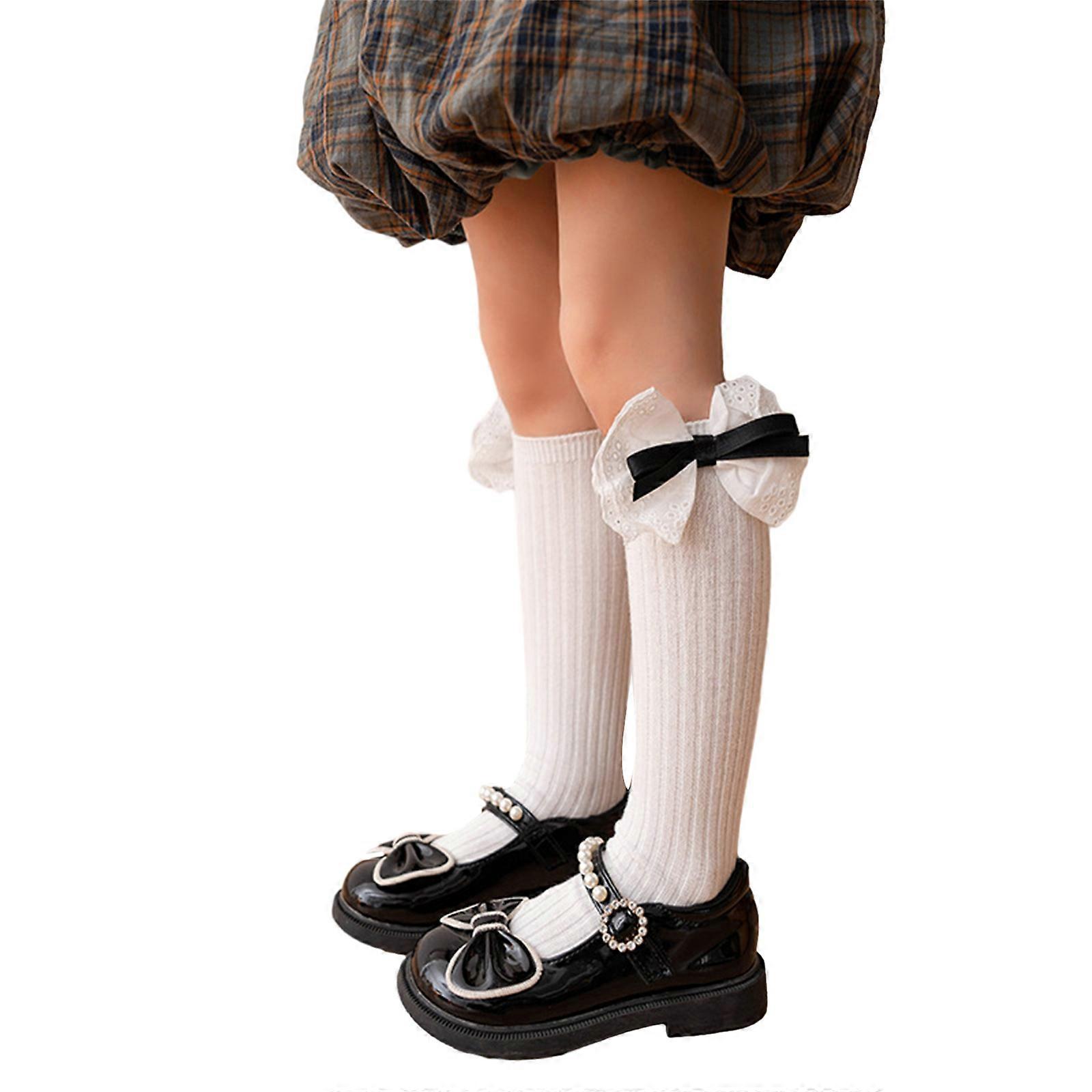 1 Par de Meias de Bezerro Médio de Renda para Crianças em Meias Tubulares com Decoração de Laços Decorativos para Uso Diário Festas Escolares Branco