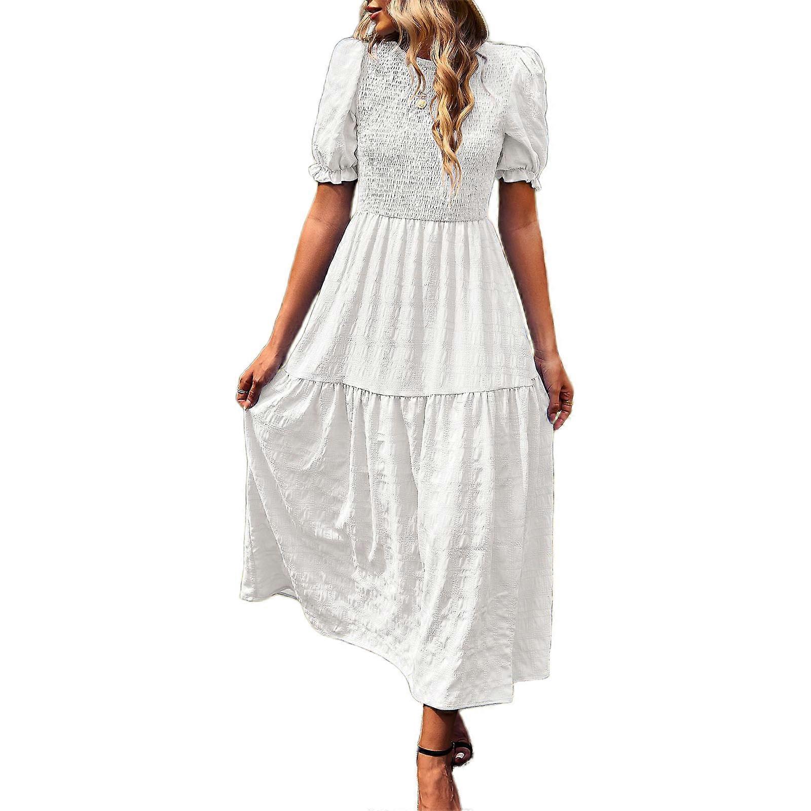 Womens Ruffle Puff Short Sleeve Shirred Flowy A-Line Midi Dress Summer Solid Color Pleated Tiered Swing Long Dresses White XL