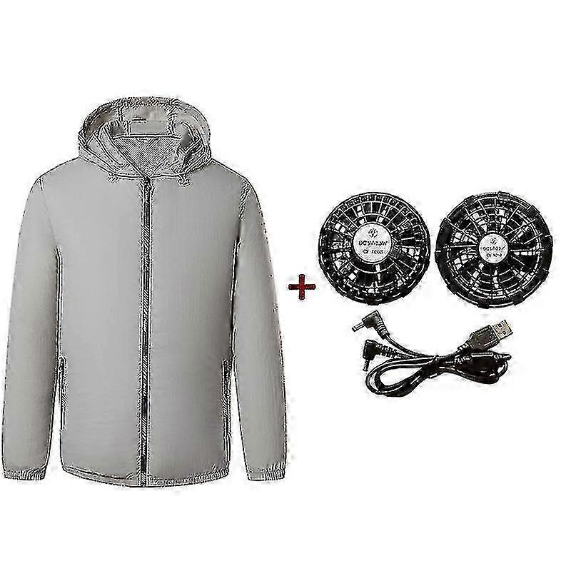 Herr Utomhus Sommarjackor USB Elektrisk Fläkt Kyljacka Herr Luftkonditionering Fläktkläder USB Värmeslag Sommarjacka med Huva Långärmad Grå
