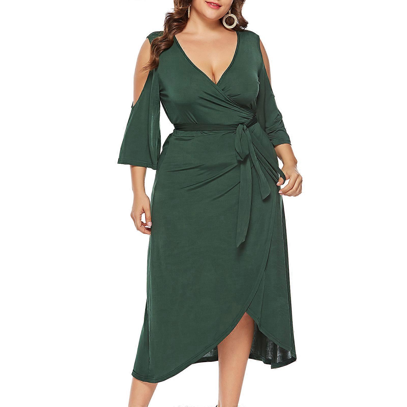 Women Lace Up Dress Stylish Split Vacation Dress Sexy Cold Shoulder Maxi Dress Plus Size Dress for Summer Daily Shopping  Green XL