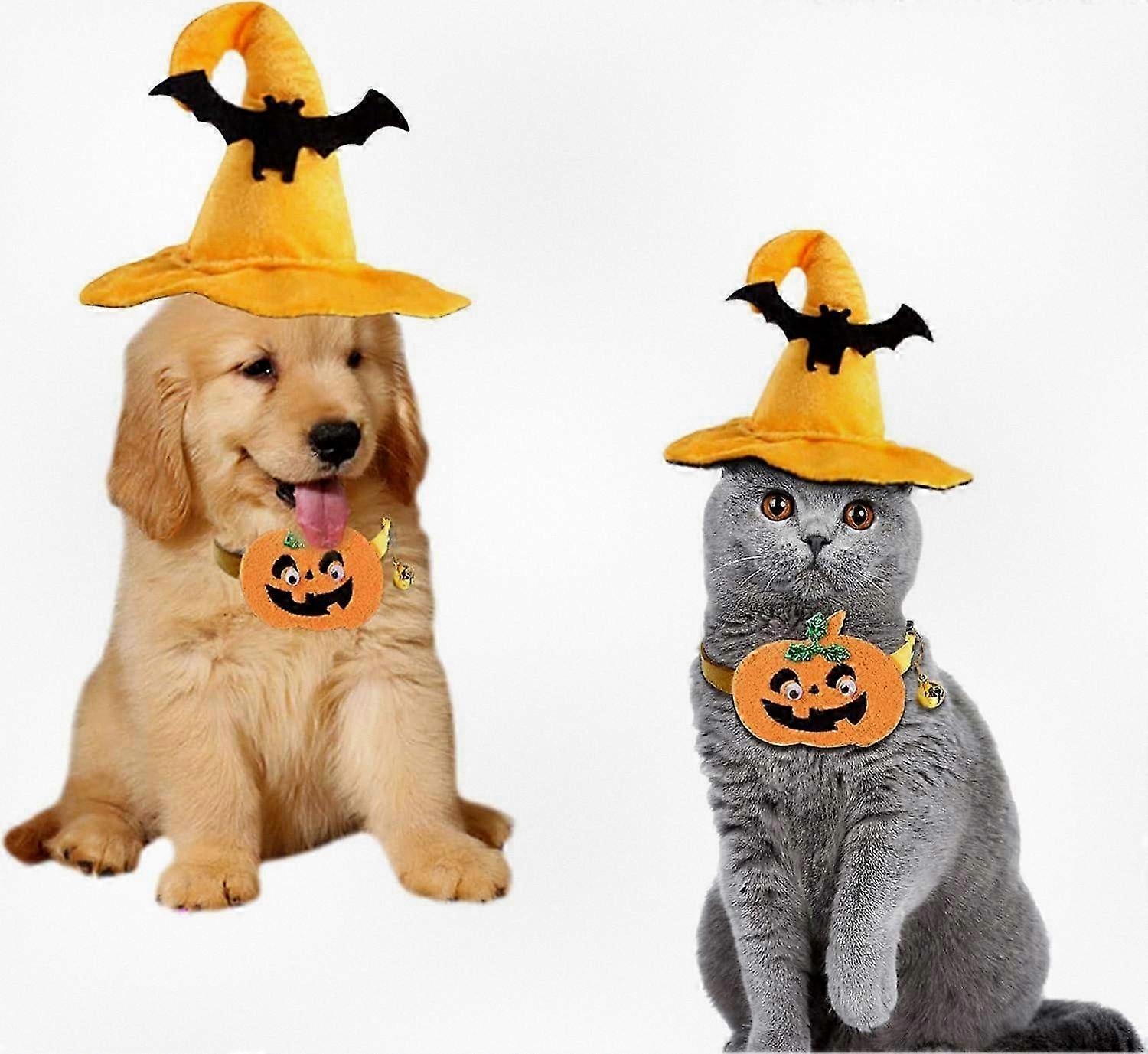 ペットのためのハロウィーンウィザードハット - 犬や猫のためのカボチャとコウモリのプリントコスチューム、楽しい休日の装飾。
