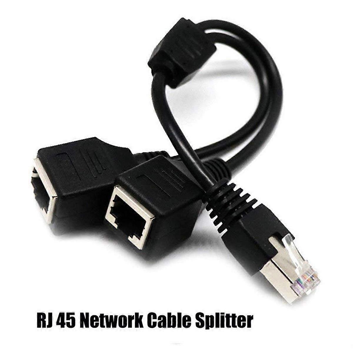 RJ45 Network Ethernet Splitter Adapter 1 to 2 Port, RJ45 Male to 2 Female for Cat5 Cat5e Cat6 Cat7, Black Cable