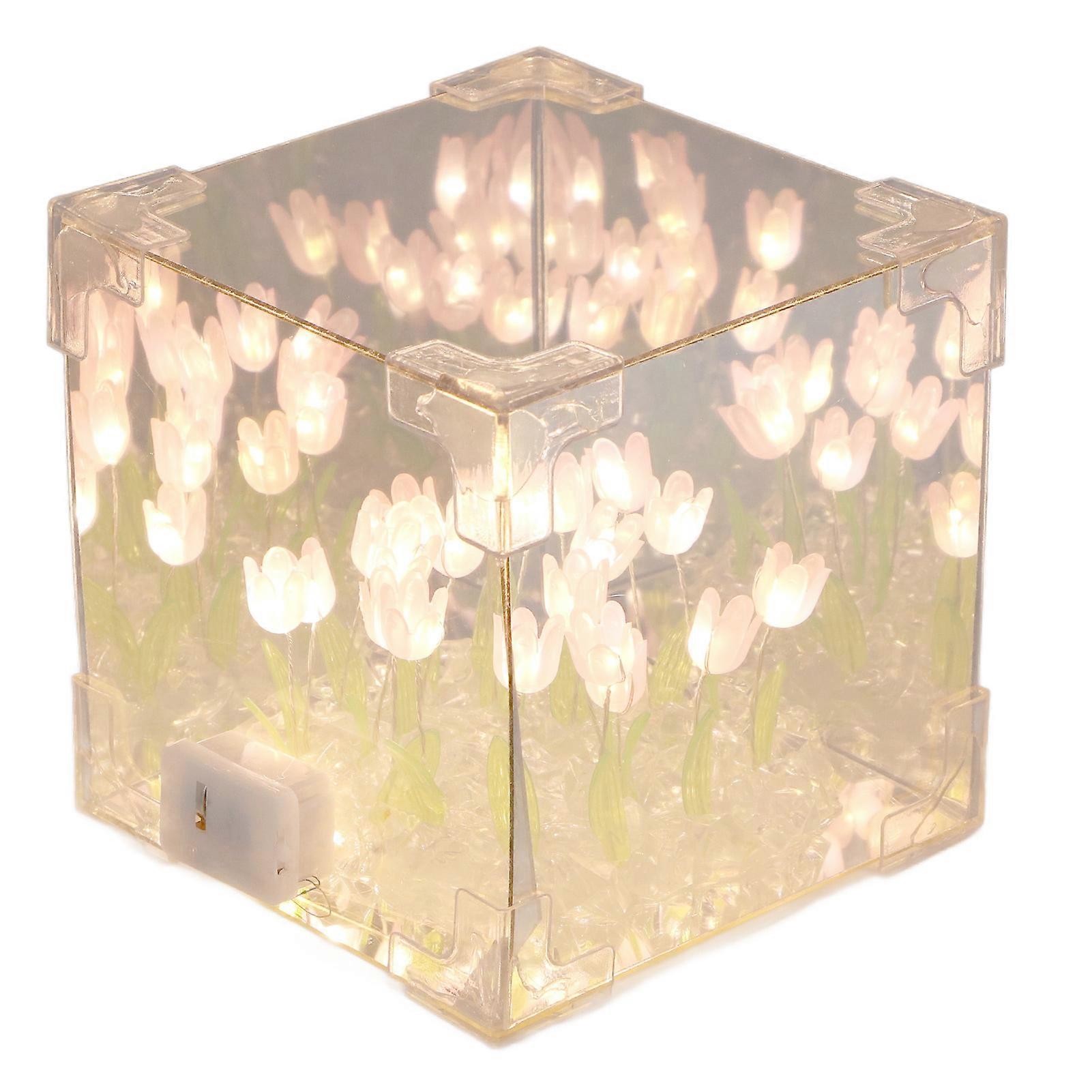 2 in 1 Tulip Cube Mirror Lamp LED Decorative Handmade DIY Tulip Night Light for Friends Birthday