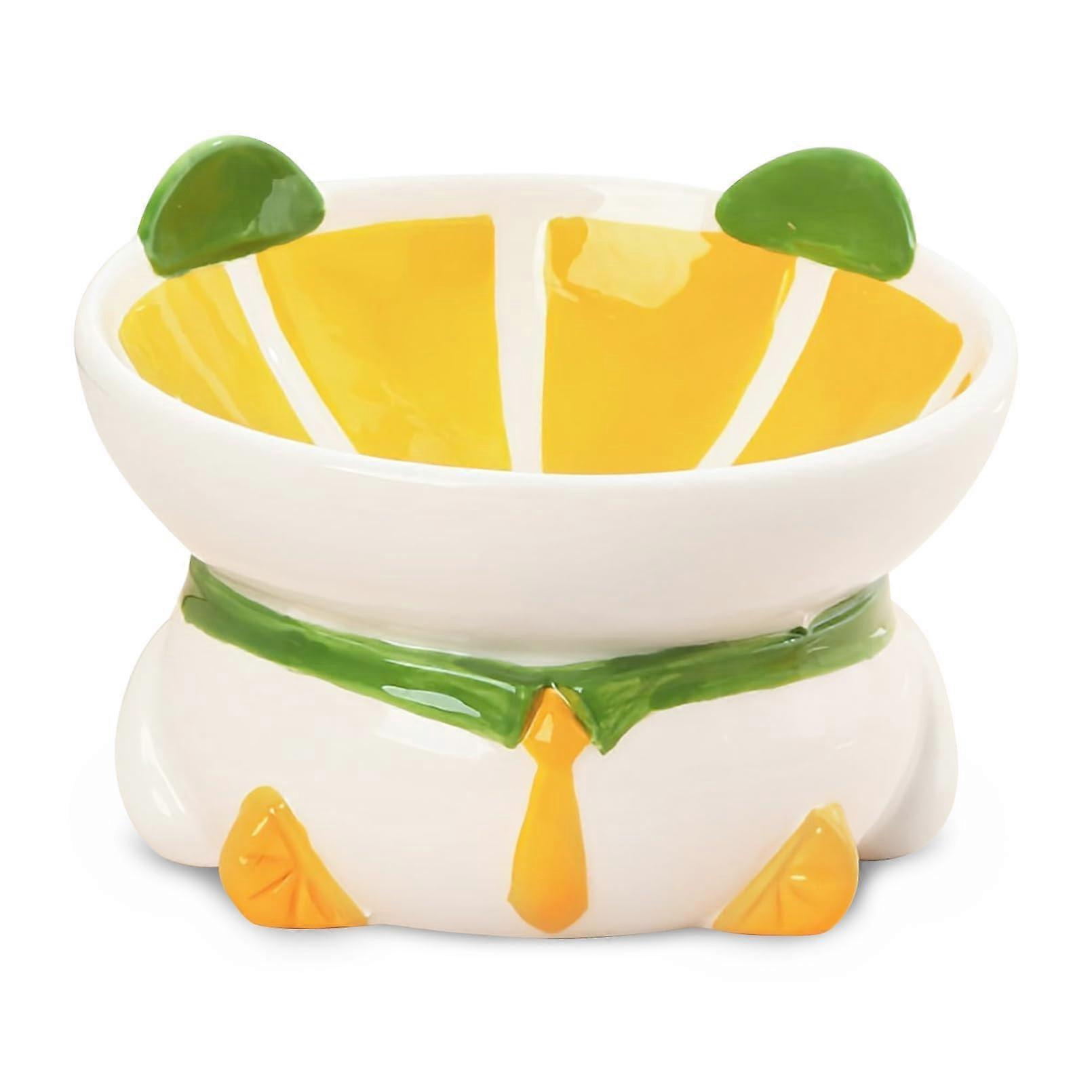 Ceramic Elevated Cat Bowl 15 Degree Tilted with Stand, Lemon Shaped, Anti Vomiting Small Bowl for Cats