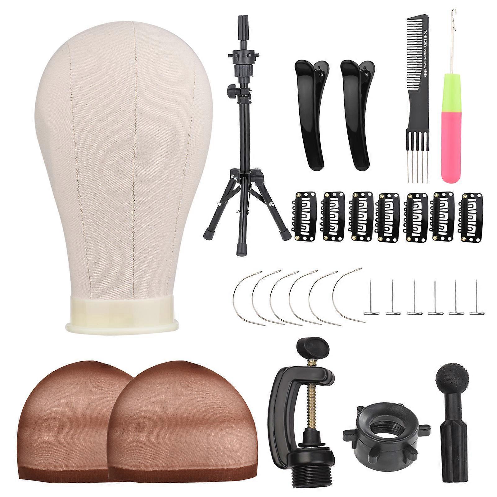 23 Inch Canvas Block Mannequin Display Styling Head with Stand T-Pins C-Pins Clip Hair Comb Wig Cap
