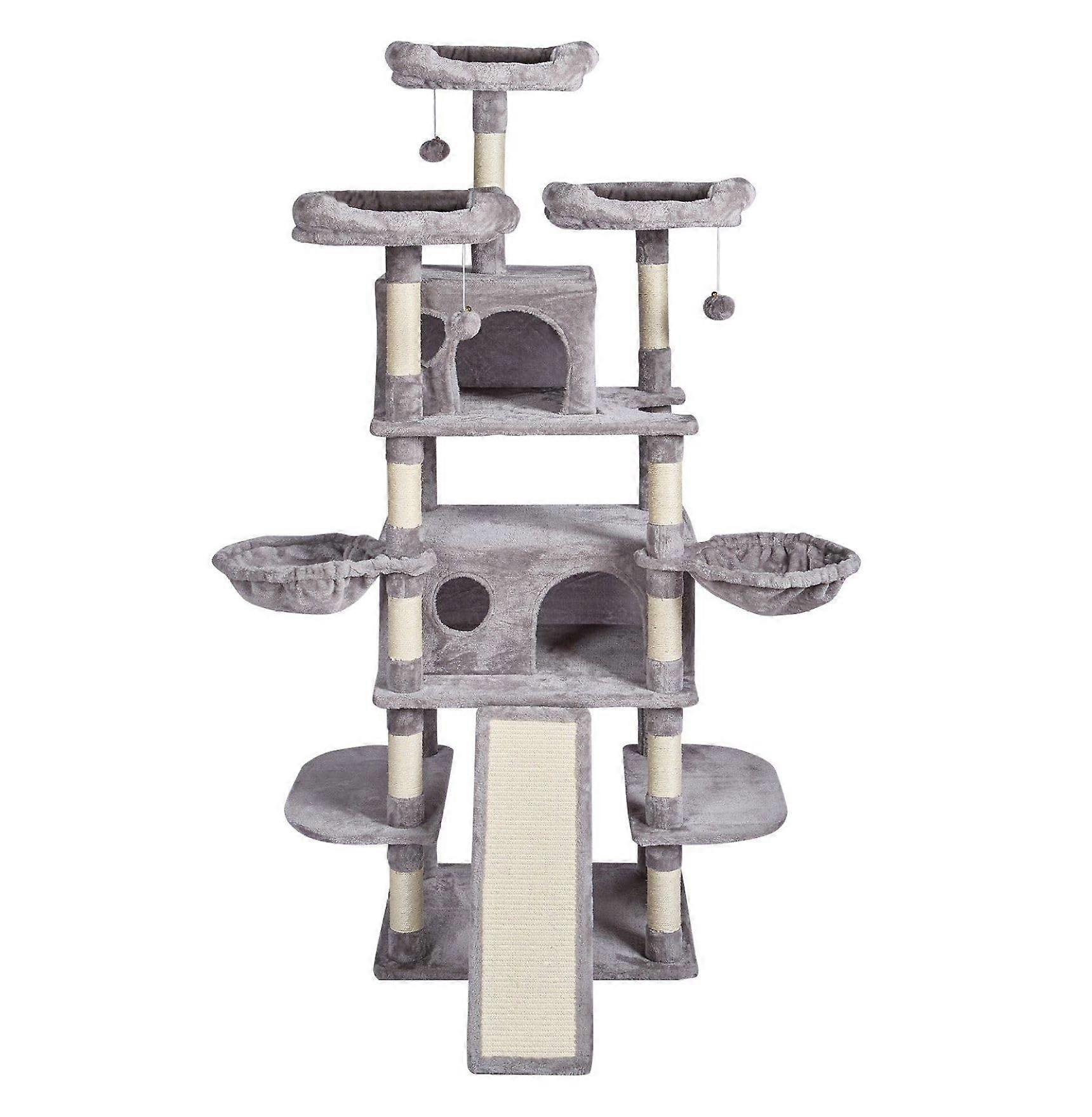 Large MultiLevel Cat Tree, 68.5Inch Cat Tower for Indoor with Cat Condos, Sisal Scratching Post Ramp, Hammock, Perches, 3 Pompoms, Grey