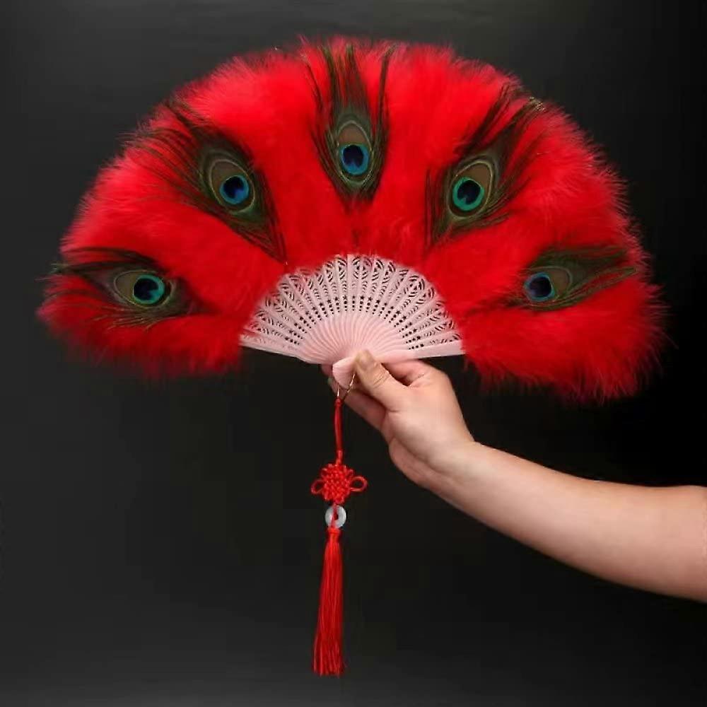 Hand Fan Folding, Red Peacock Feather Fan Gothic Chic Hand Fan Foldable with Tassel