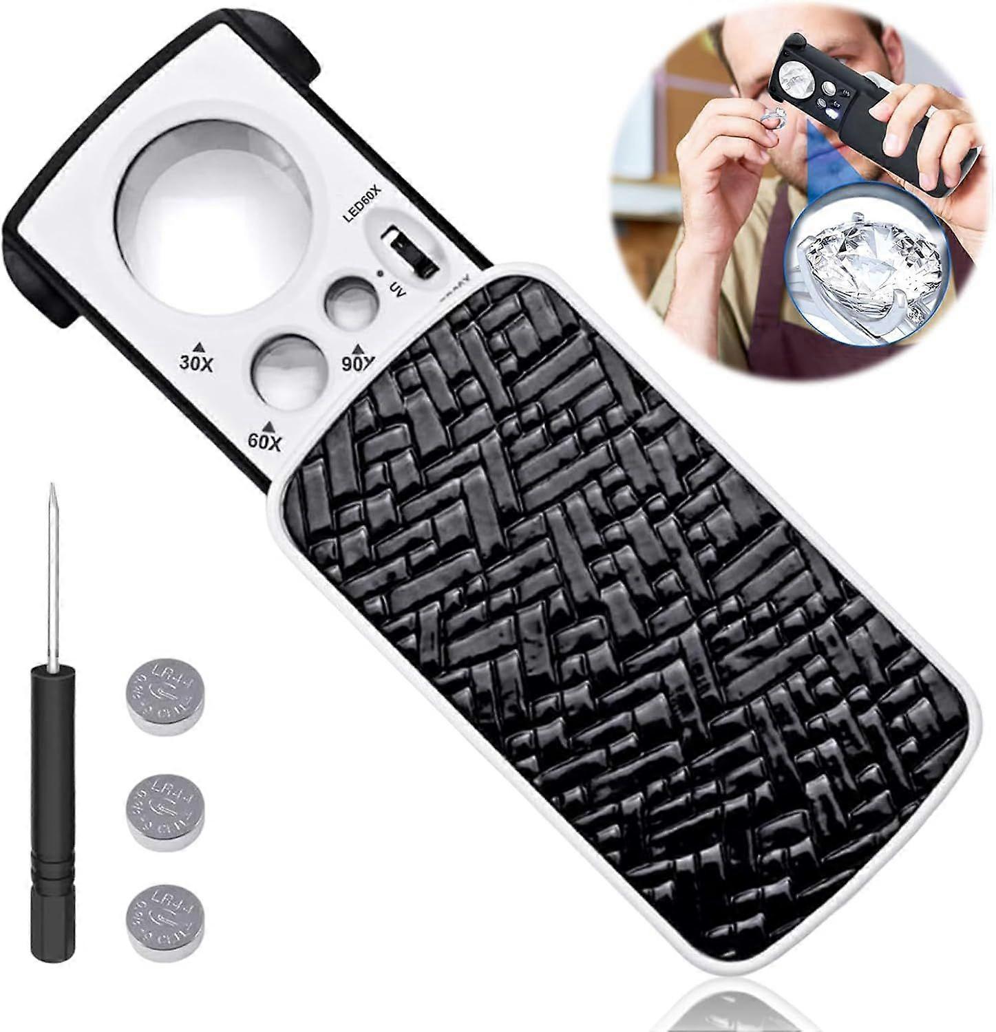 Pull-out Pocket Magnifier, Jewellers Slide Out Pocket Magnifier, Illuminated LED UV Light - Black Portable Handheld for Jewelry