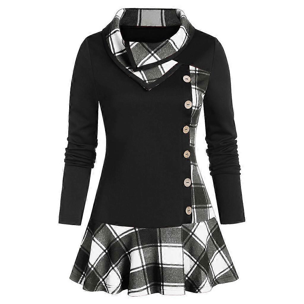 New Women's Overlapping Lapel Long Sleeve Single Breasted Plaid Patchwork Dress