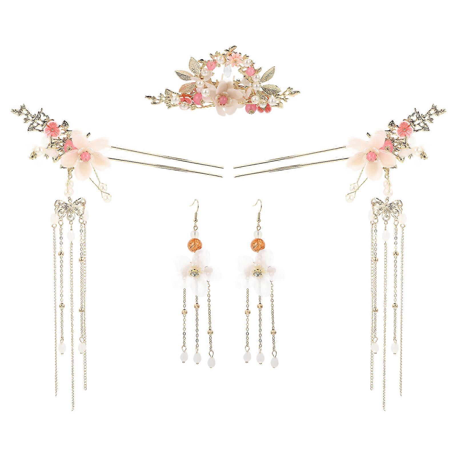 Chinese Hanfu Headwear Set with Long Tassel Hairpins, Hair Comb & Earrings for Weddings, Parties, and Special Occasions – Durable Traditional