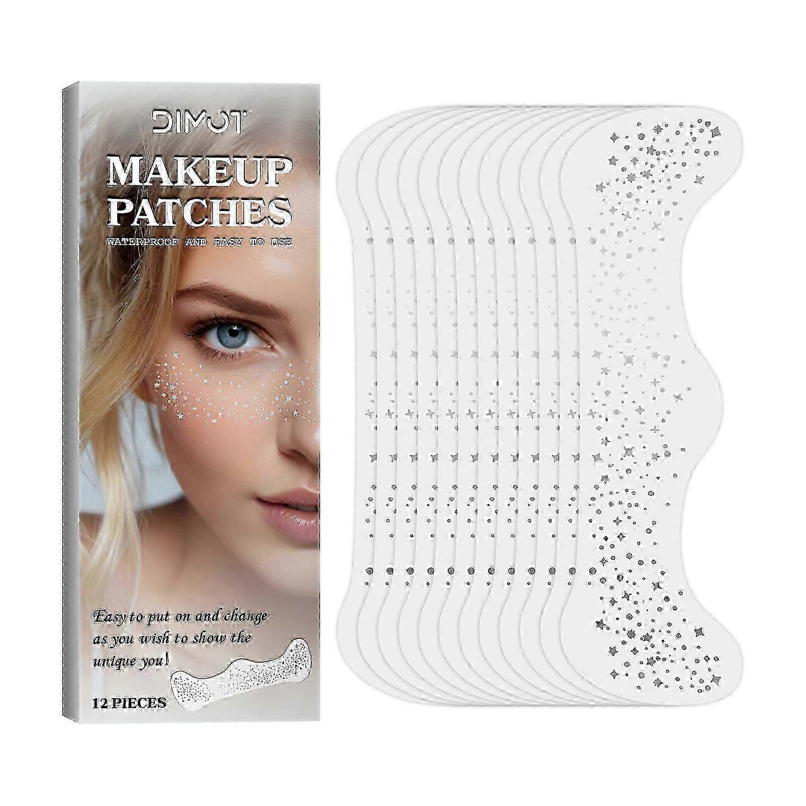 12個のホログラフィックマルチクロームグリッターそばかすの顔のタトゥー、女性のための防水スパークルフェイスグリッター斑点パッチ、かわいいスターグリッターテンポテンシャルT