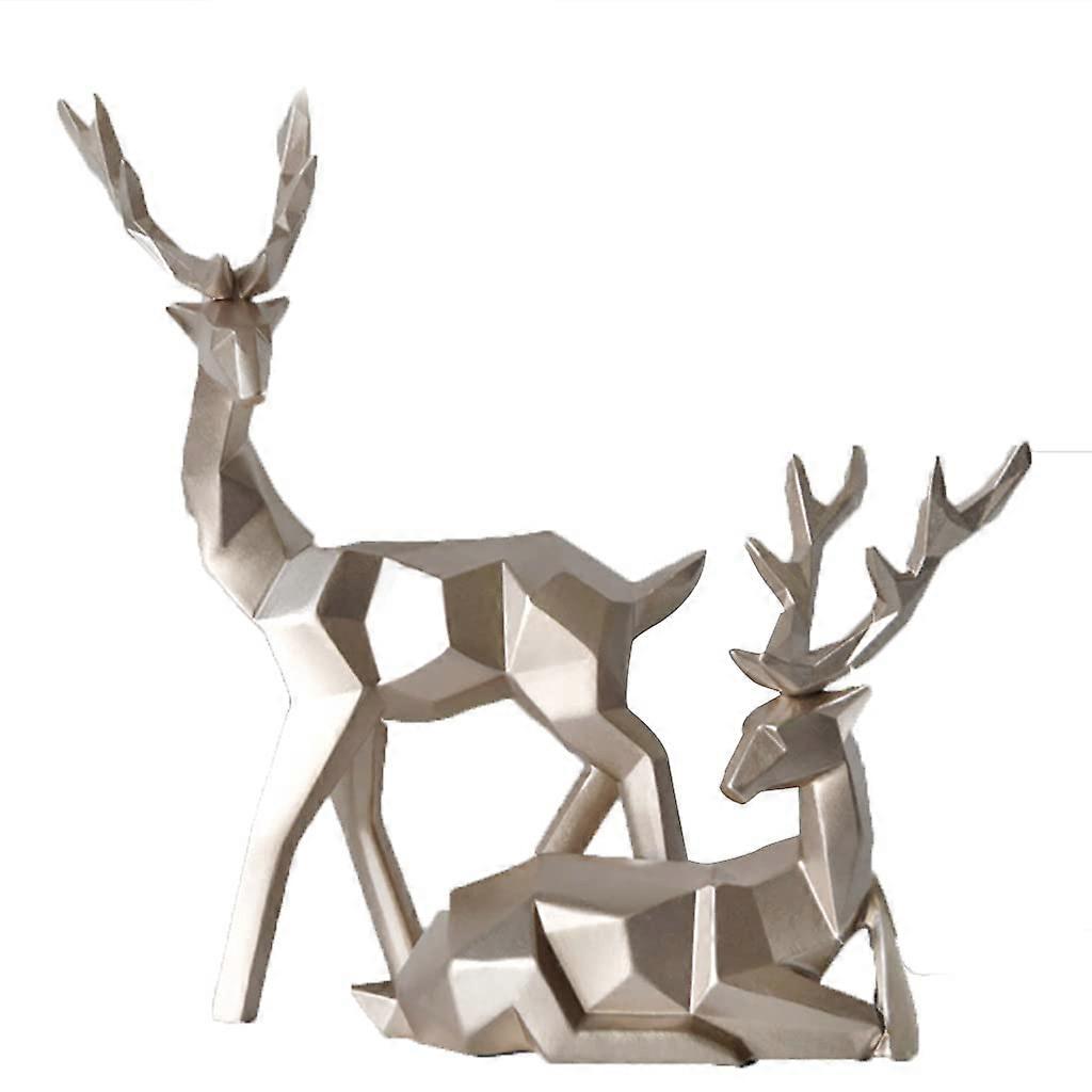 Nordic Style Geometric Elk Sculpture Set of 2, Sitting and Standing Deer Resin Statues, Small Gold Home Decor