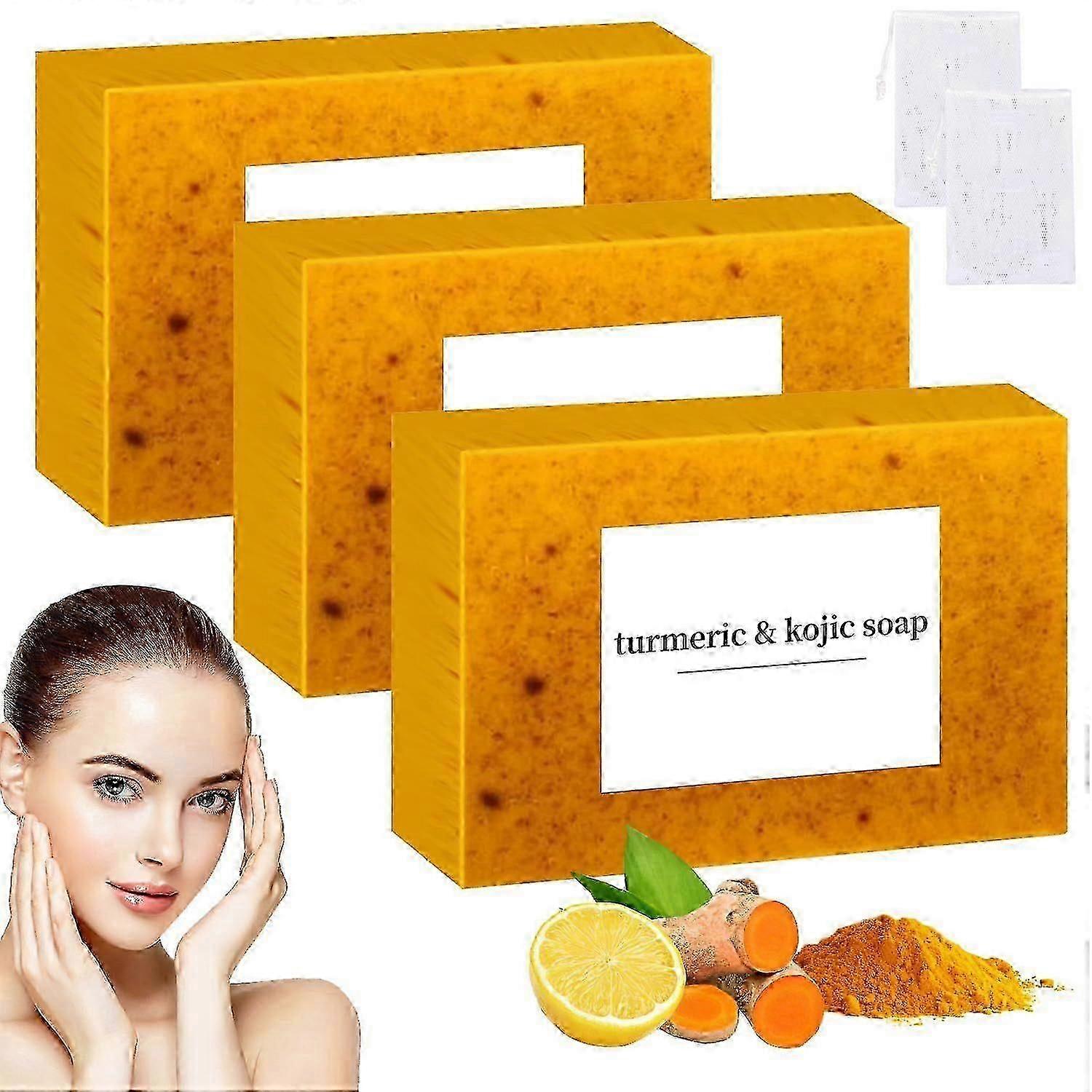 Lemon Turmeric Kojic Acid Soap,Natural Handmade Soap,Turmeric Soap Bar for Face and Body, Smooth Skin Tumeric Soap,Deep Cleansing Soap for Men & Women