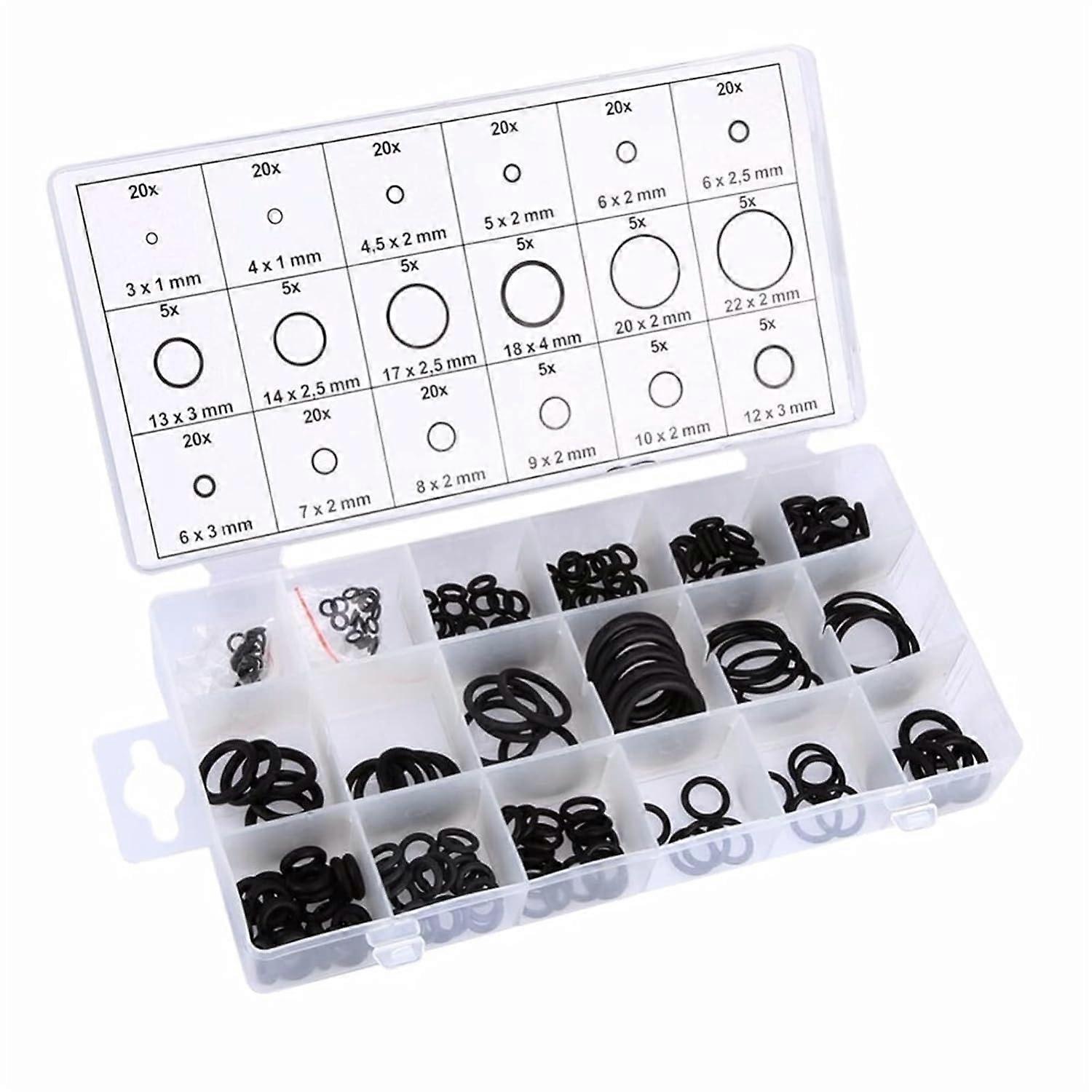 Black rubber ORing assortment, 18 sizes with plastic box (Color: Black)