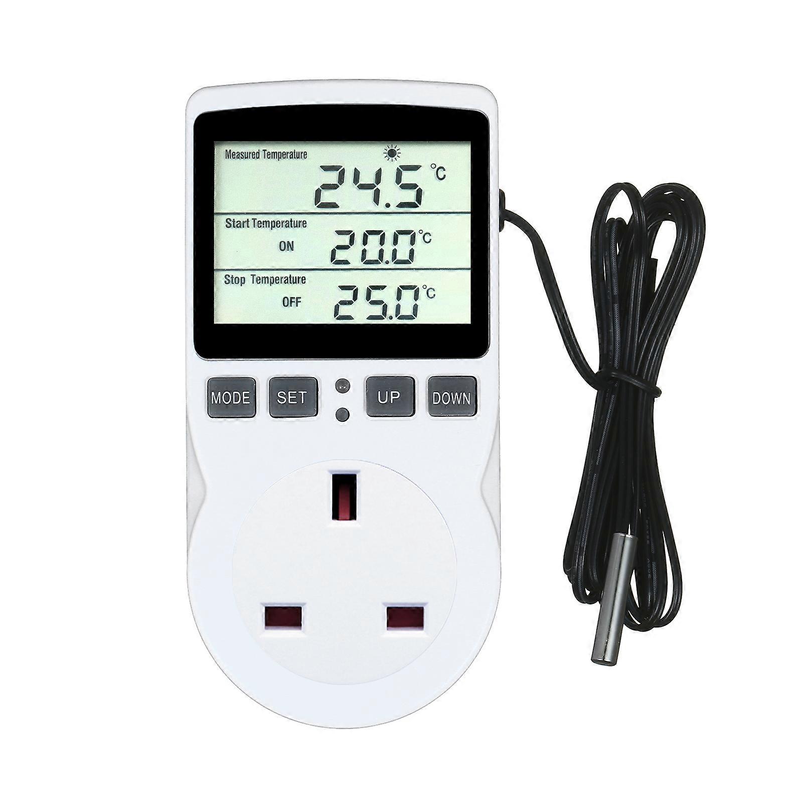 Digital LCD Thermostat Controller Outlet Plug for Heating & Cooling Control in Terrariums, Aquariums, Greenhouses, etc. with Timer and Probe