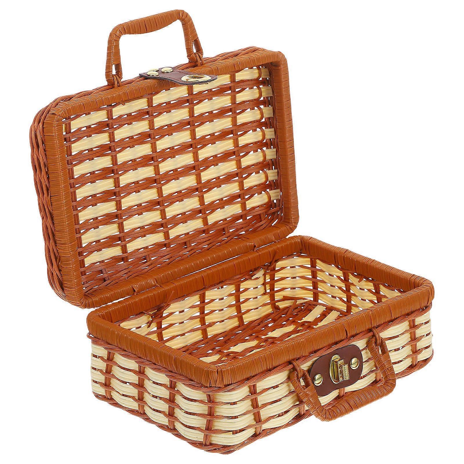 Wicker Suitcase Rattan Picnic Multi Tone Rectangular For Travel Camping Outdoor Party 26 00X17 00X11 00CM 1Set