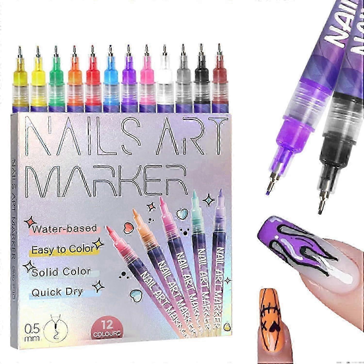 Hienot vinkit 3D-kynsitaidekynät, 12 väriä 0,5 mm kynsilakkakynät, kynsipiste graffitipiste