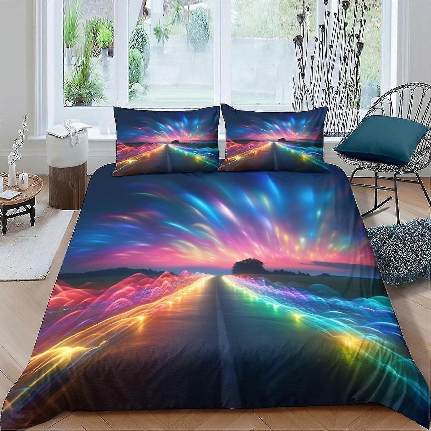Conjunto de capa de edredom com luzes coloridas do arco-íris 3D para crianças e adultos com fronhas - conjunto de cama de 3 peças