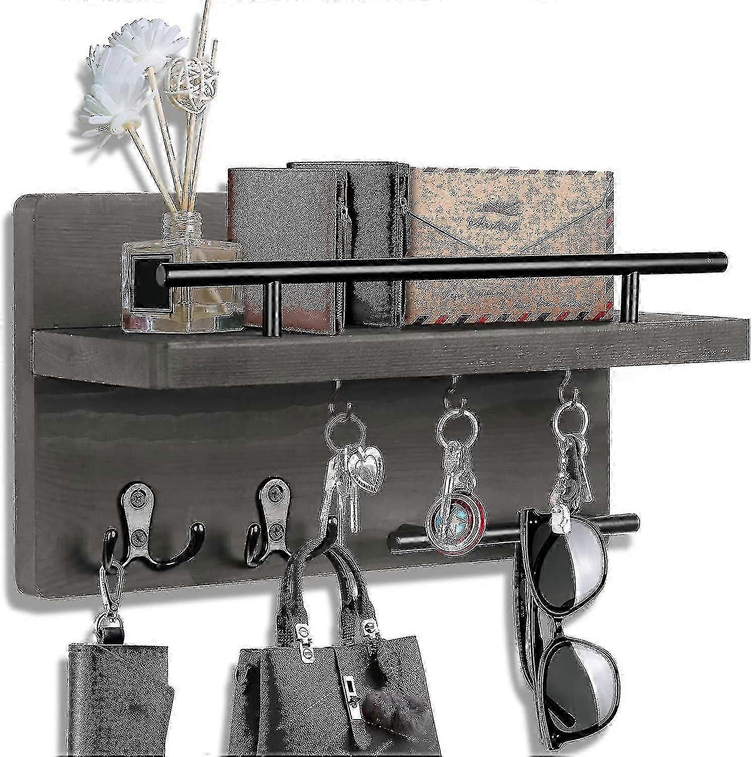 Key Holder For Wall Decorative With 5 Key Hooks, Wall Mounted Key Hangers For Wall With Mail Key Rack, Wooden Mail Organizer With Shelf, Rustic Home D