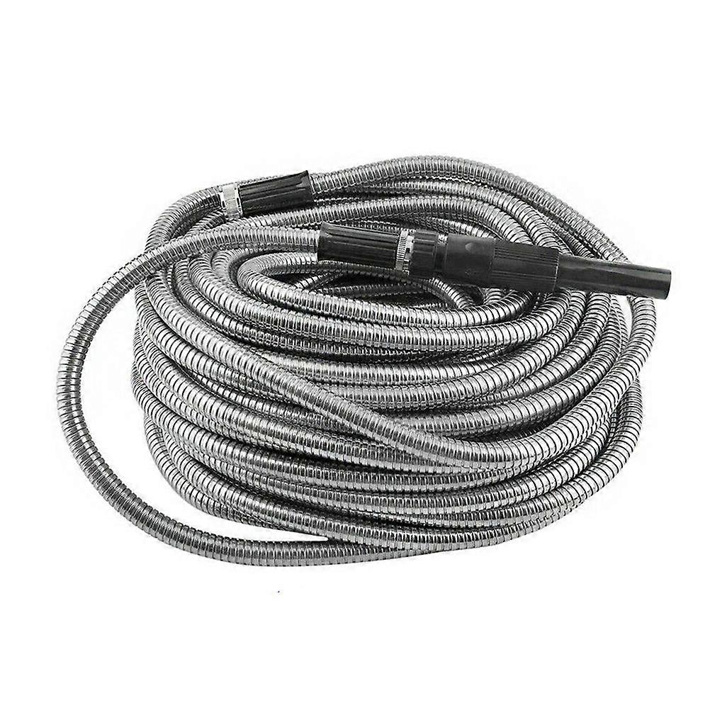 25Ft Silver Stainless Steel Telescopic Garden Hose for Versatile Watering Needs with Adjustable Nozzle