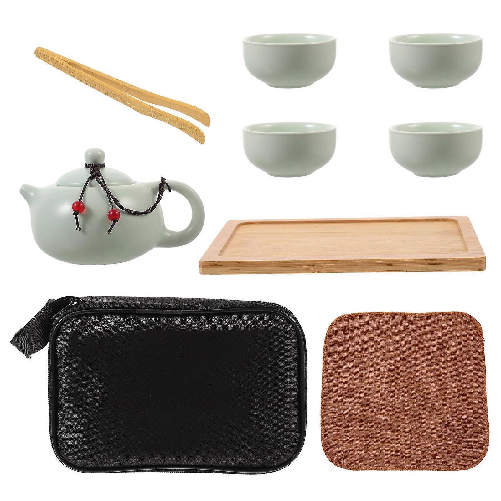 Portable Ceramic Tea Set with Assorted Color for Travel and Outdoor Use Includes Teapot Cups Tray Storage Bag