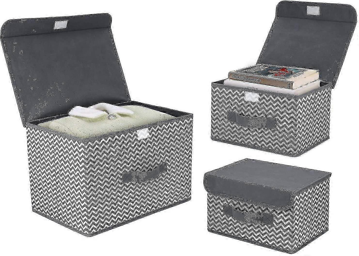 3 Pack Foldable Storage Boxes With Lids Fabric Storage Organiser Box With Handle Large Storage Bins For Toys, Books, Closet, Bedroom, Home (grey)
