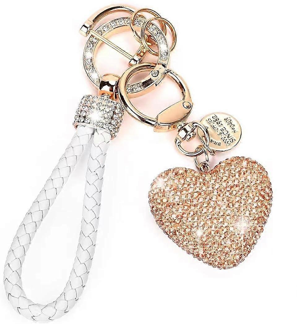 Heart Key Fob Car Keyring with Glittering Rhinestones, White Leather Key Fob for Women, Stylish Rhinestone Keychain Accessory