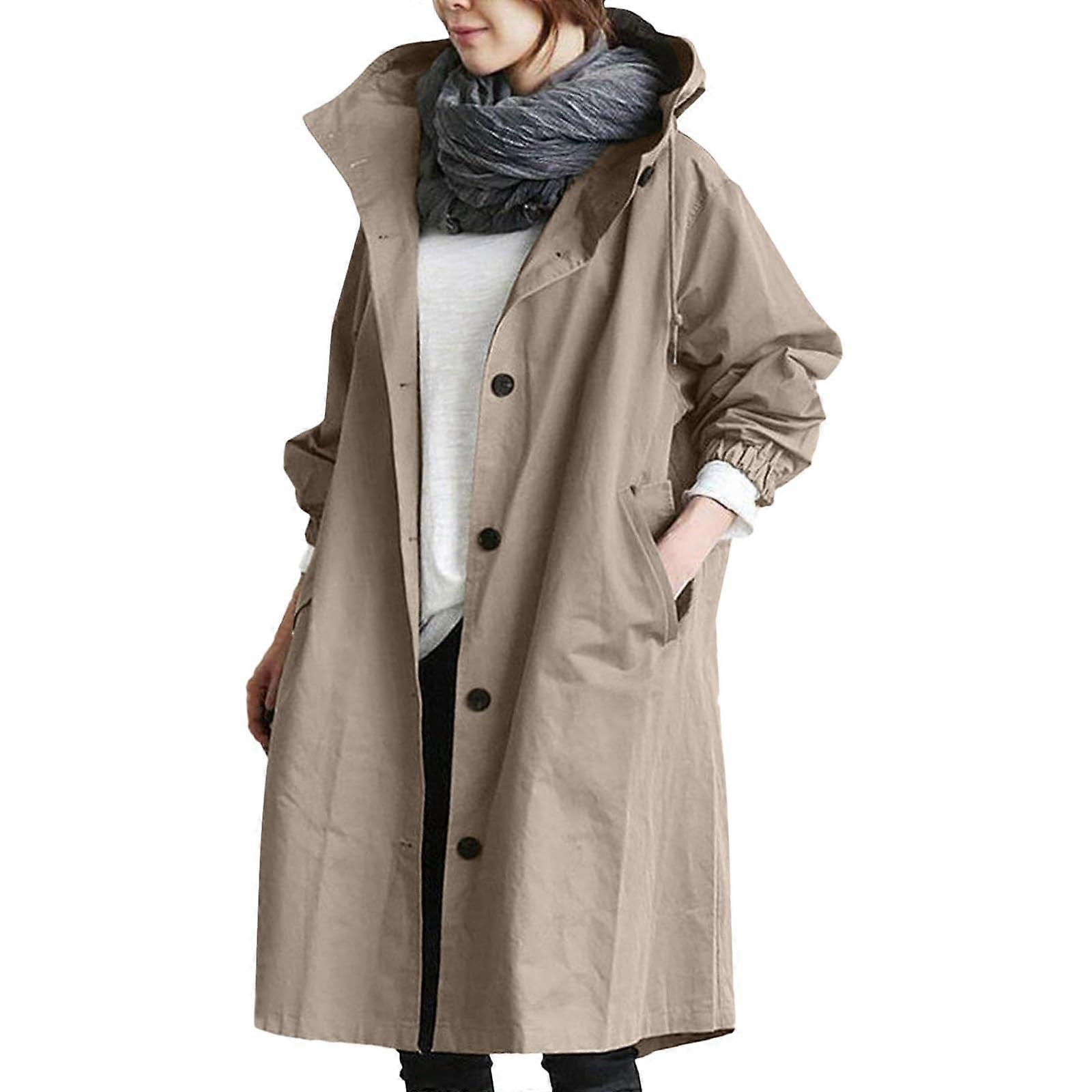 Women's Trench Coat Khaki 3XL Winter Transition Coat With Pockets Plain Lapel Windproof Lightweight Outwear