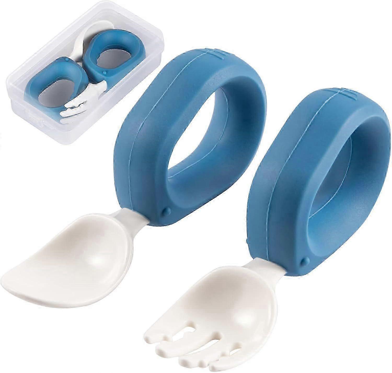 Baby Self Feeding Training Spoon and Fork Set with Travel Case, Silicone/ABS Great Tableware Set Spoons Fork for Kids(Blue)