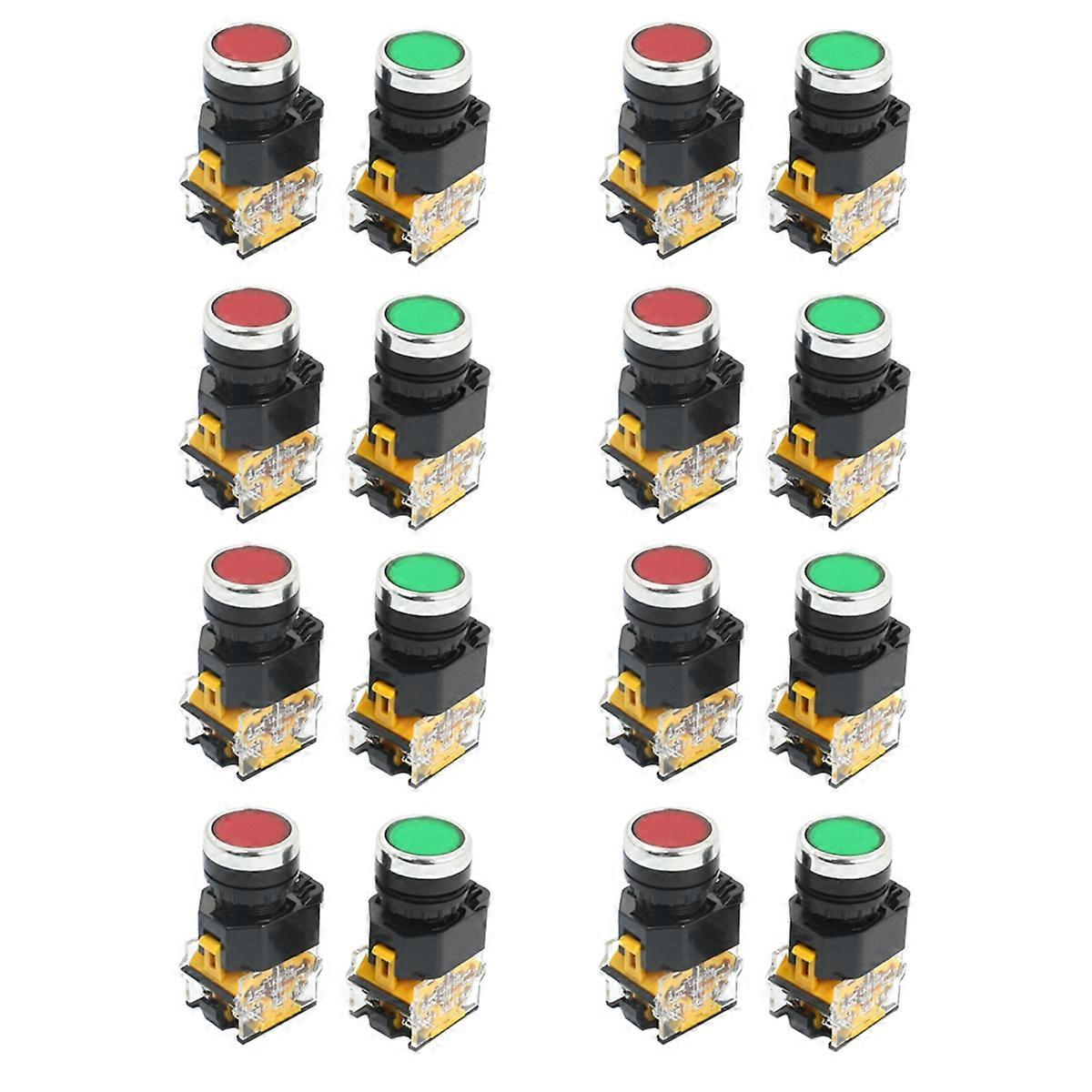 16Pcs 22mm Mount 10A 380V DPST Red Green Momentary Push Button Switch