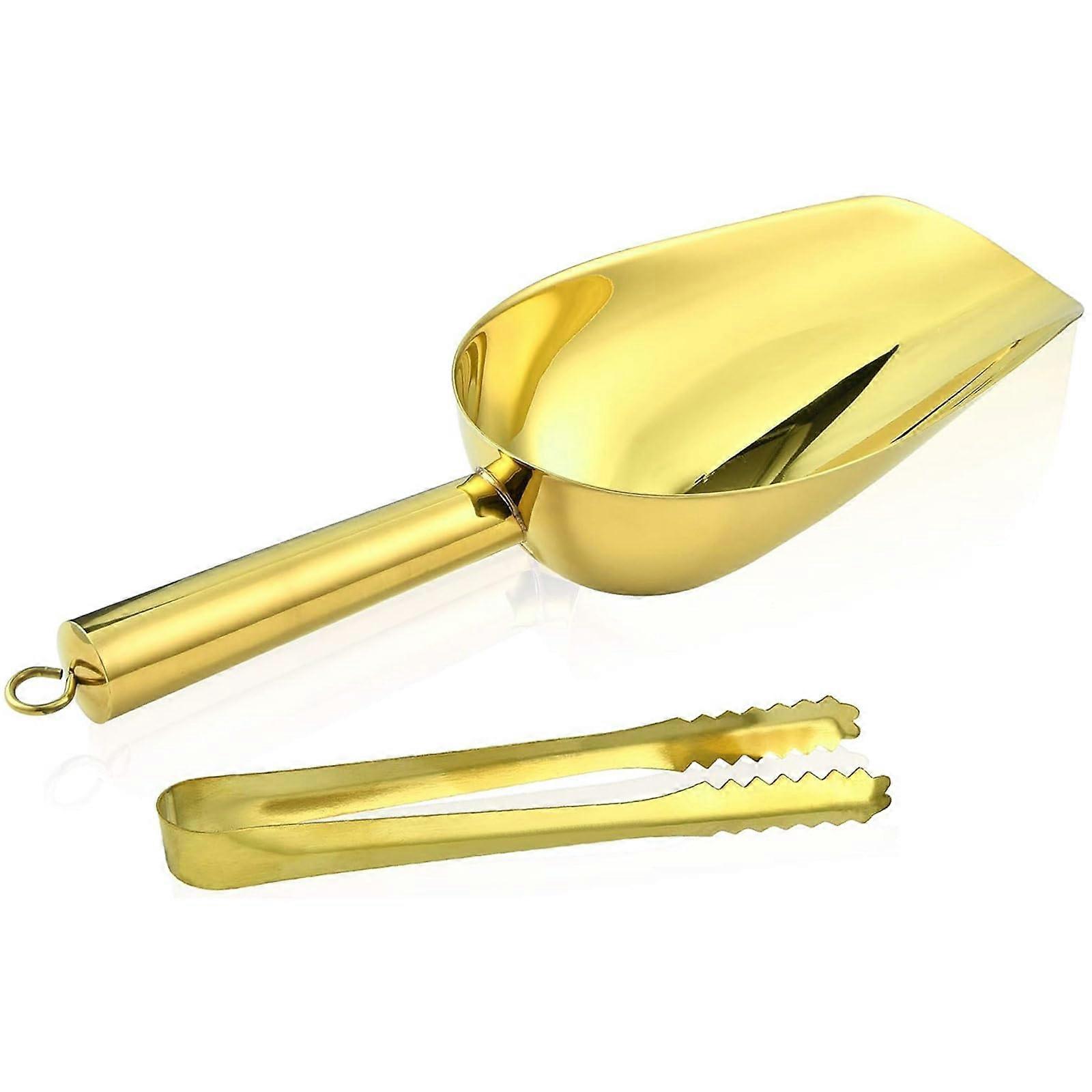Stainless Steel Ice Scoop and Tongs Set, Small Round Bottom Utility Scoop for Bar, Buffet and Party Use, Gold Finish